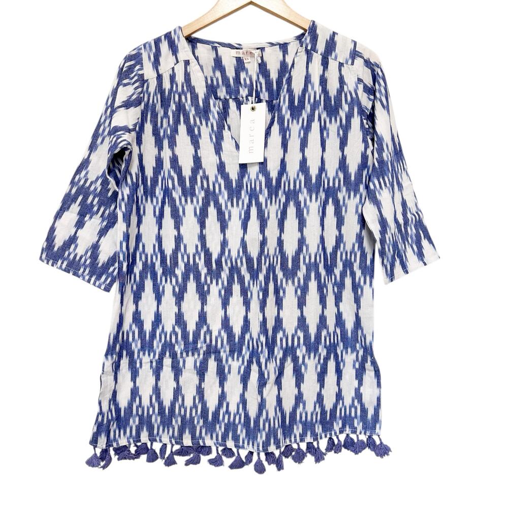 Marea Blue Ikat Printed Tassel Cover Up Sz XS